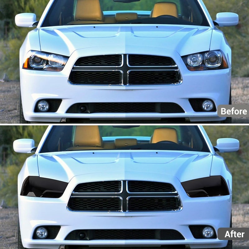 Hoolcar غطاء مصباح الرأس الأمامي حارس إطار زينة ملحقات خارجية متوافقة مع دودج تشارجر 2011-2014، أسود مدخن، 2 قطعة - Image 2